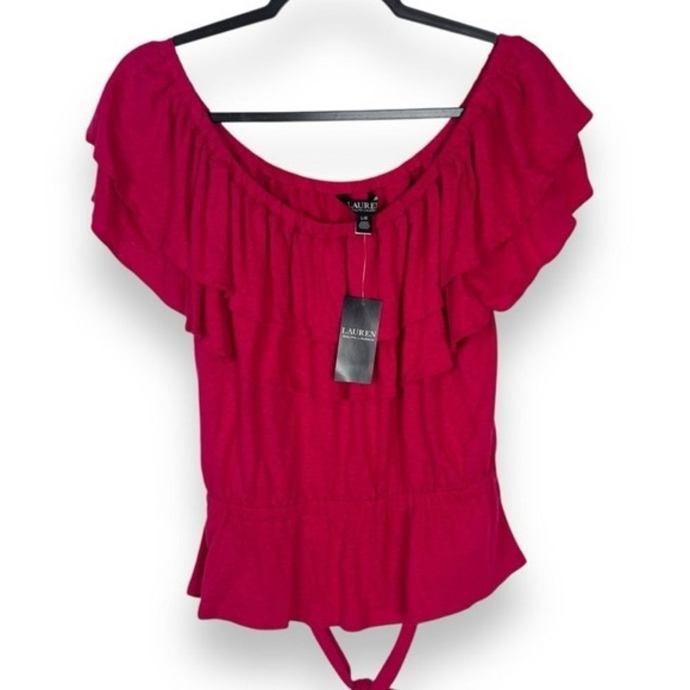 Lauren Ralph‎ Lauren Linen Blend Off Shoulder Top Womens Size Large Pink Peasant